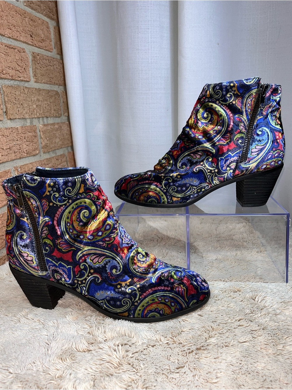 SOCOFY Multicolor Velvet Paisley Ankle Boots Boho Artsy Zip 39